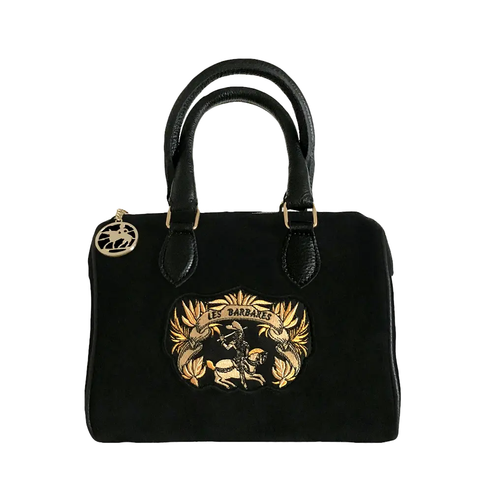 Black suede mini handbag with gold embroidery of the Les Barbares logo. leather handles and gold logo chain zipper