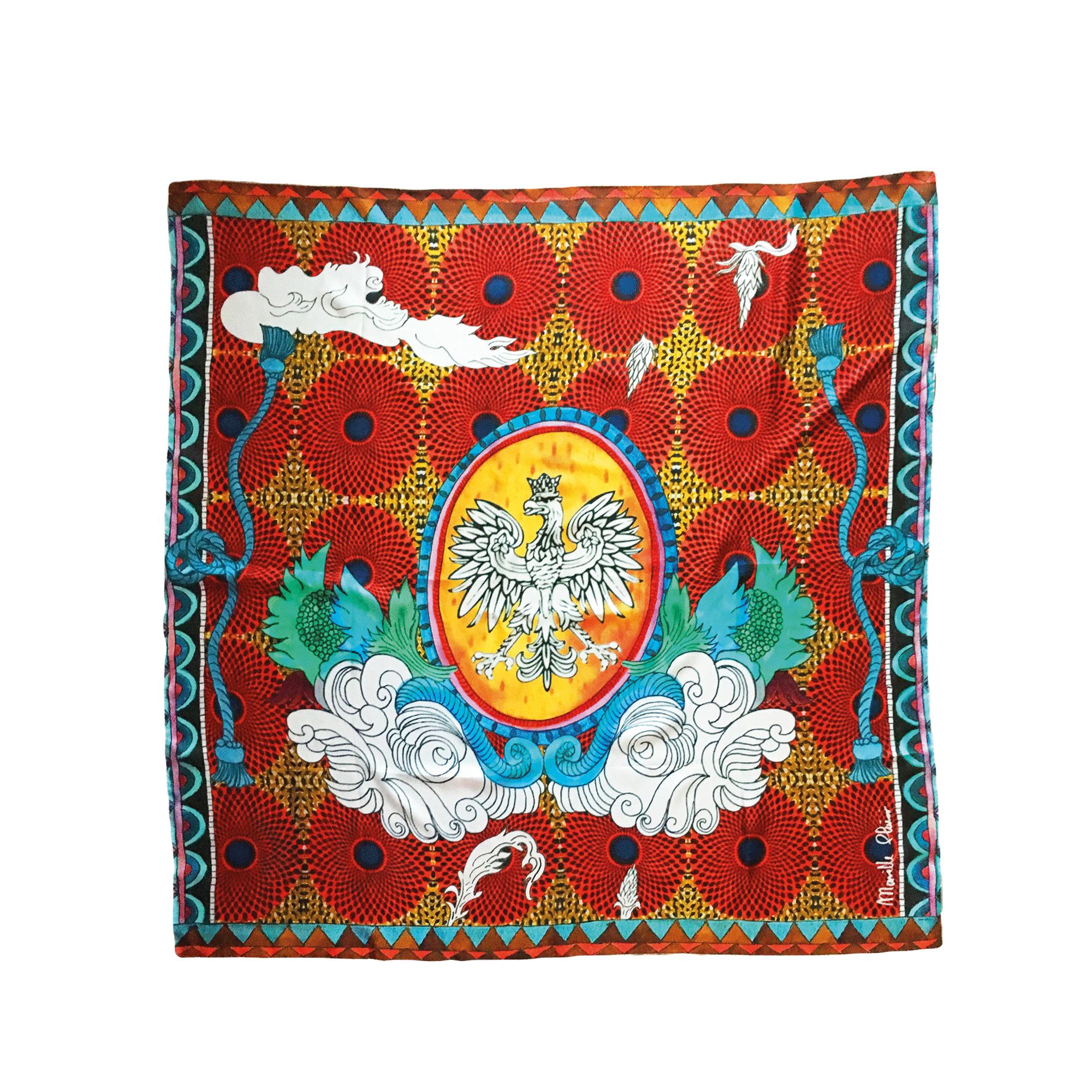 Red 100% silk scarf printed with an eagle in the center as part of the Unique collection