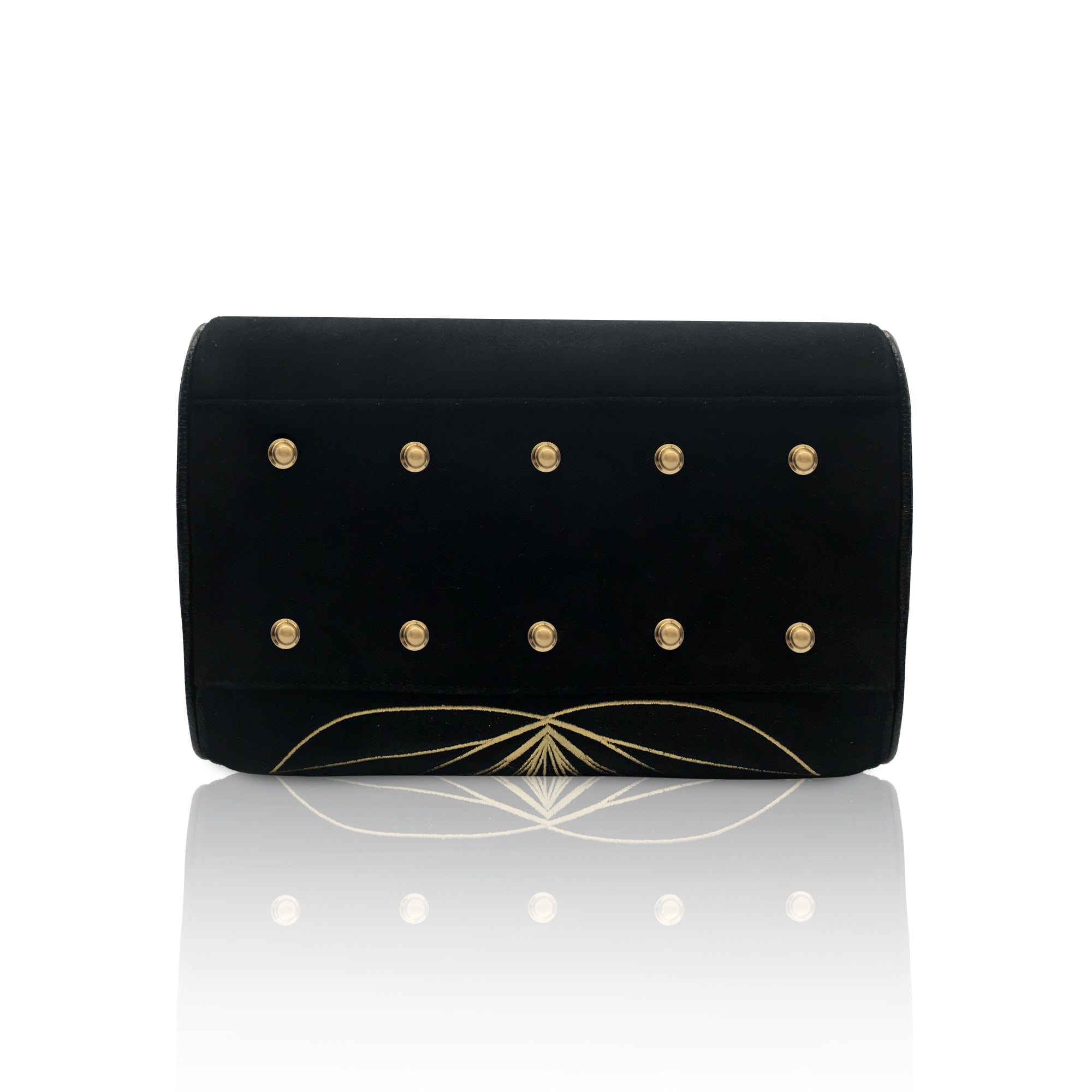 Base of bag showing the 10 brass rivets that protect the suede