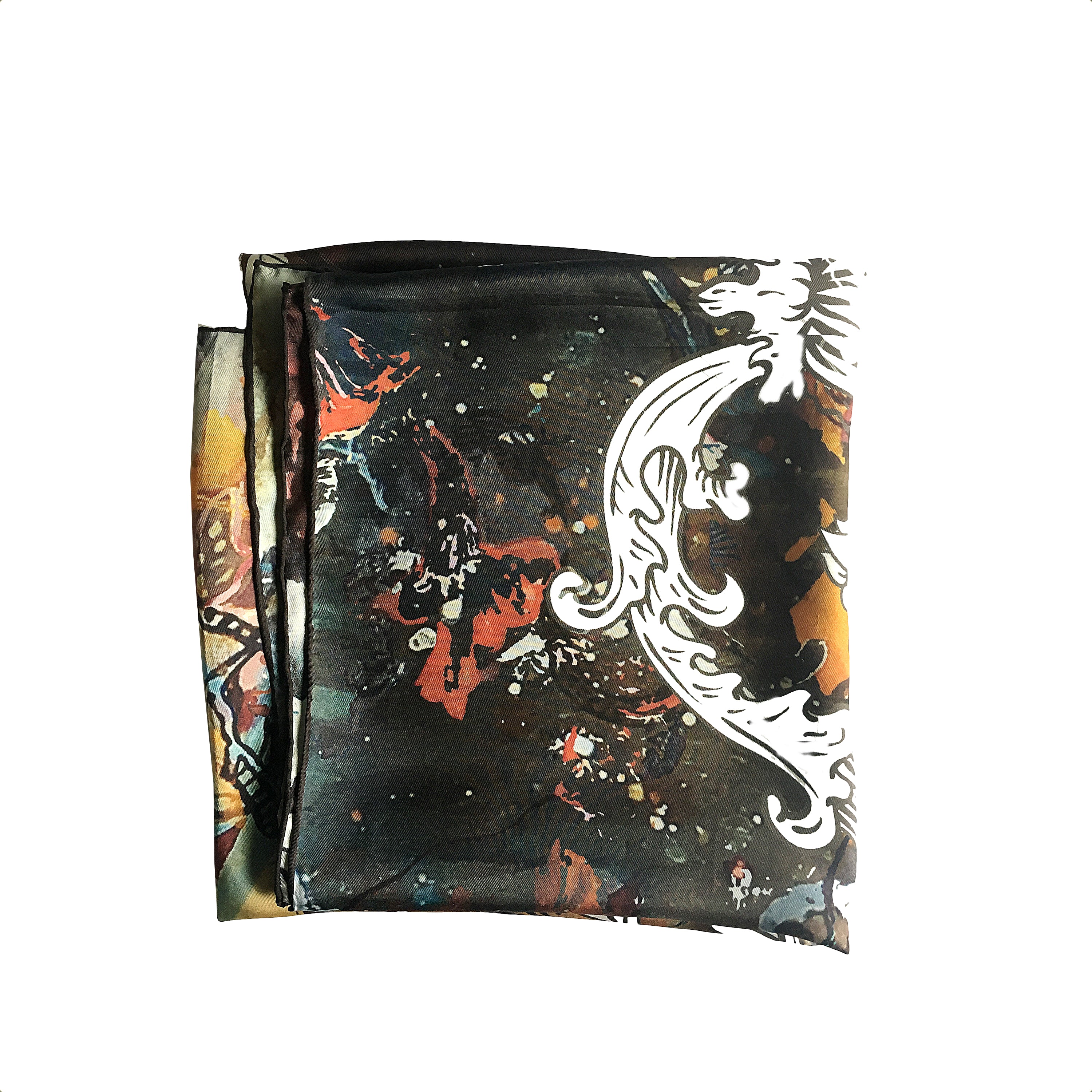 Folded to show the quality of the edging of this printed 100% silk scarf, with a butterfly in the middle and colors around it such as blue, white, gray, and black based on paintings by the artist Marielle Plaisir.