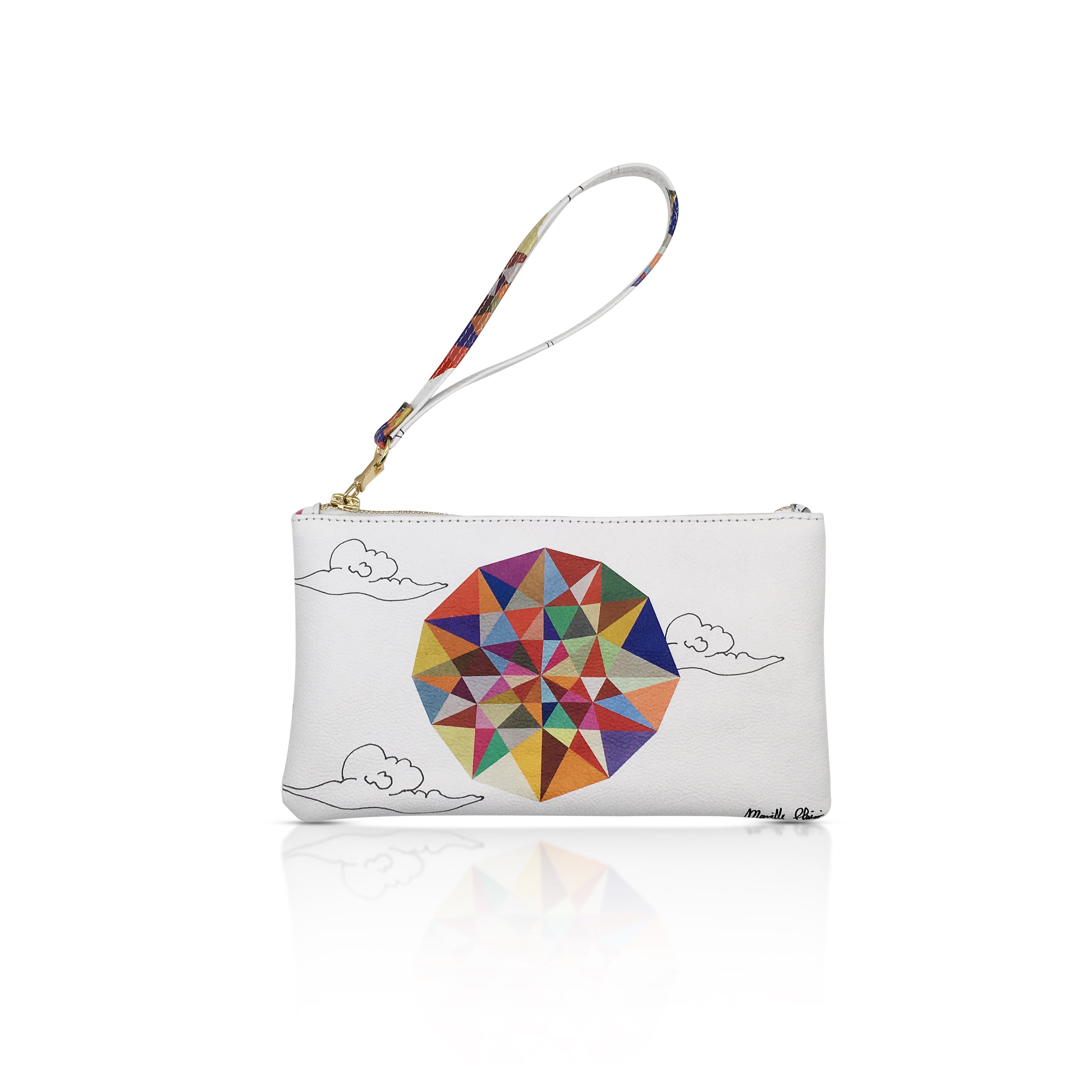 White leather pouch with the symmetrical color explosion in the middle and clouds design. detachable leather wristlet strap. Zip fastening along the top