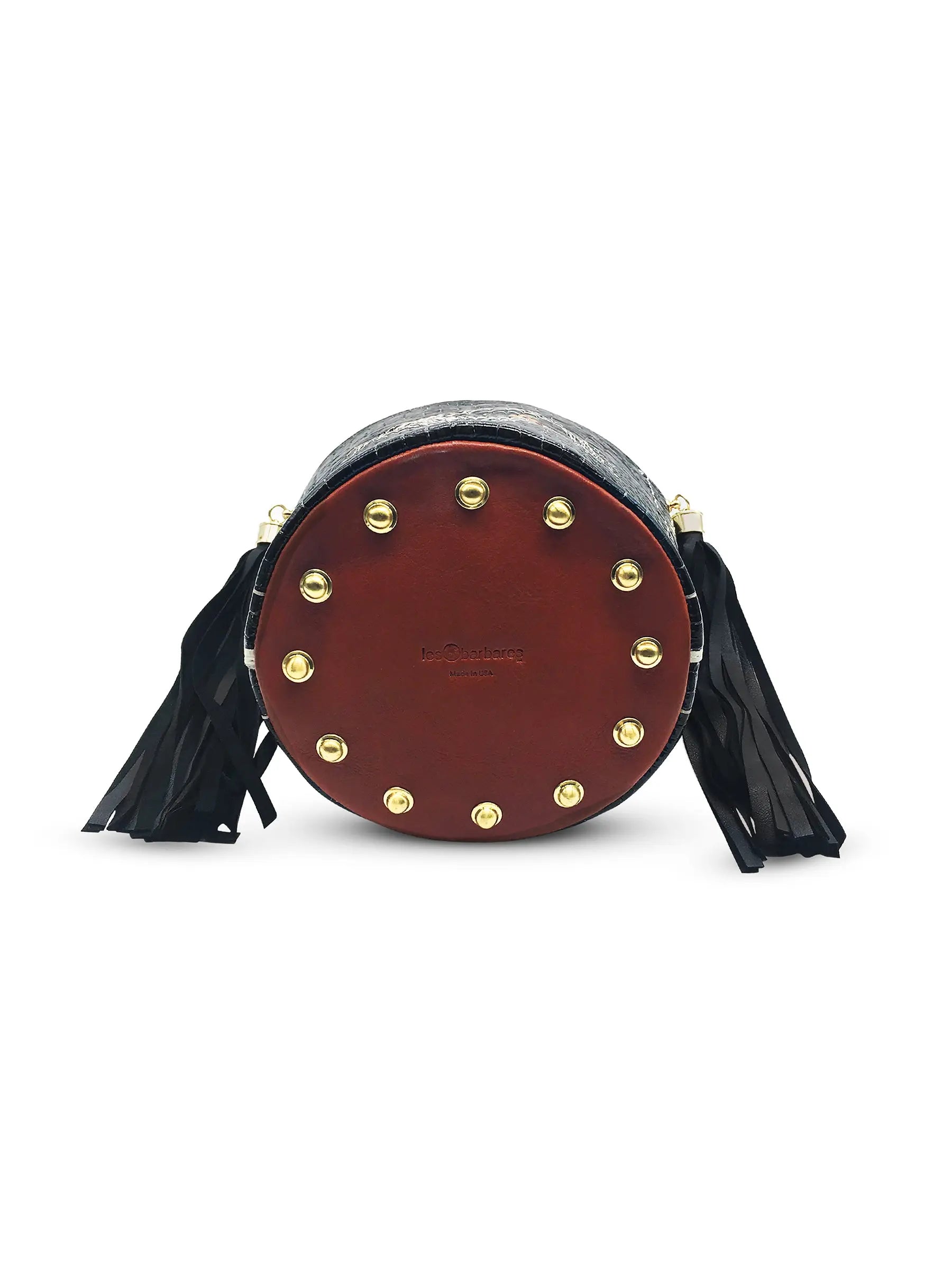 Showing the bottom of the bag with the 13 brass rivets to proctect the base of the bucket bag