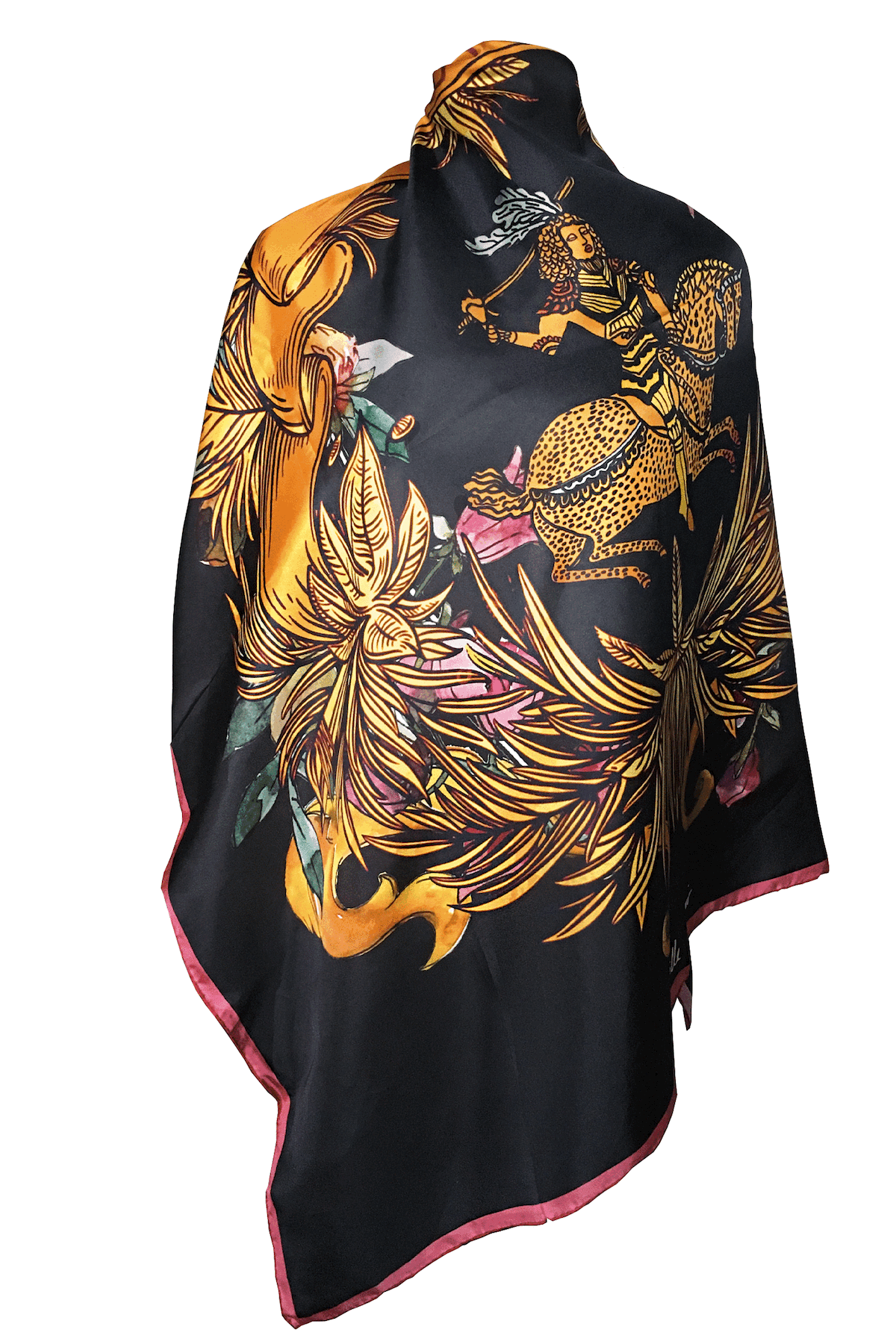 Black 100% silk scarf with the Les Barbares logo in the middle. A gold and purple wreath with an amazon riding a horse sword above her head. The word Amour (Love) is written at the top of the wreath pink and raspberry border. draped on a model to show a clearer picture of the images