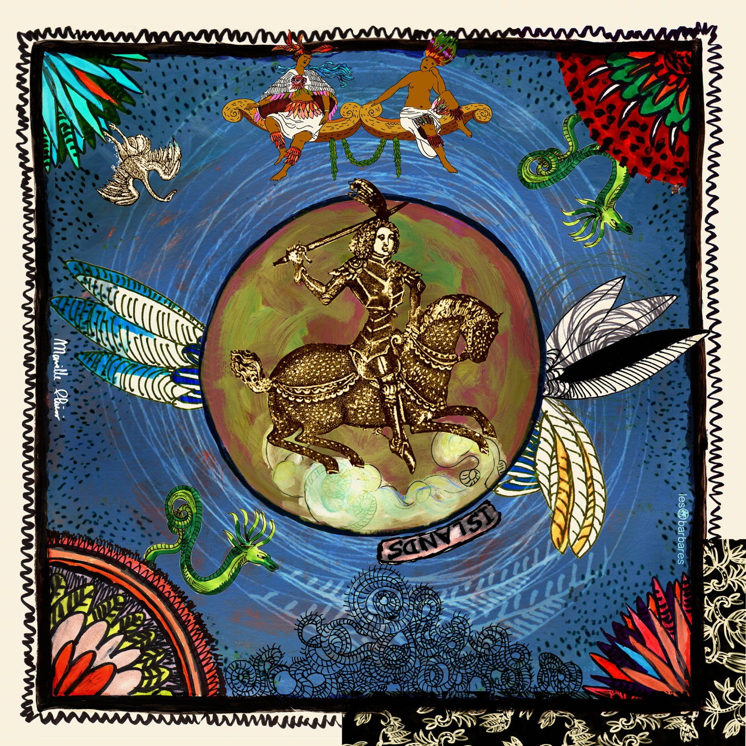 Printed blue 100% silk scarf. Blue base with the amazon on a horse with her sword above her head in the middle and various luxuriant and colorful plants in the four corners. White edge
