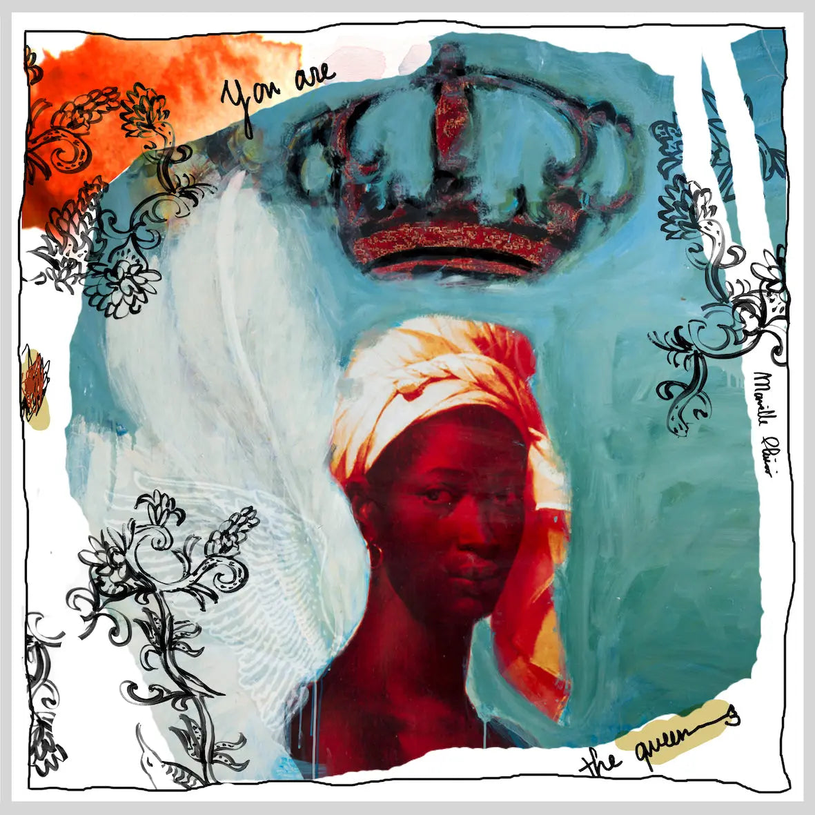 Blue and white 100% silk scarf with a beautiful indigenous queen with crown hovering over her head and the words you are the queen.