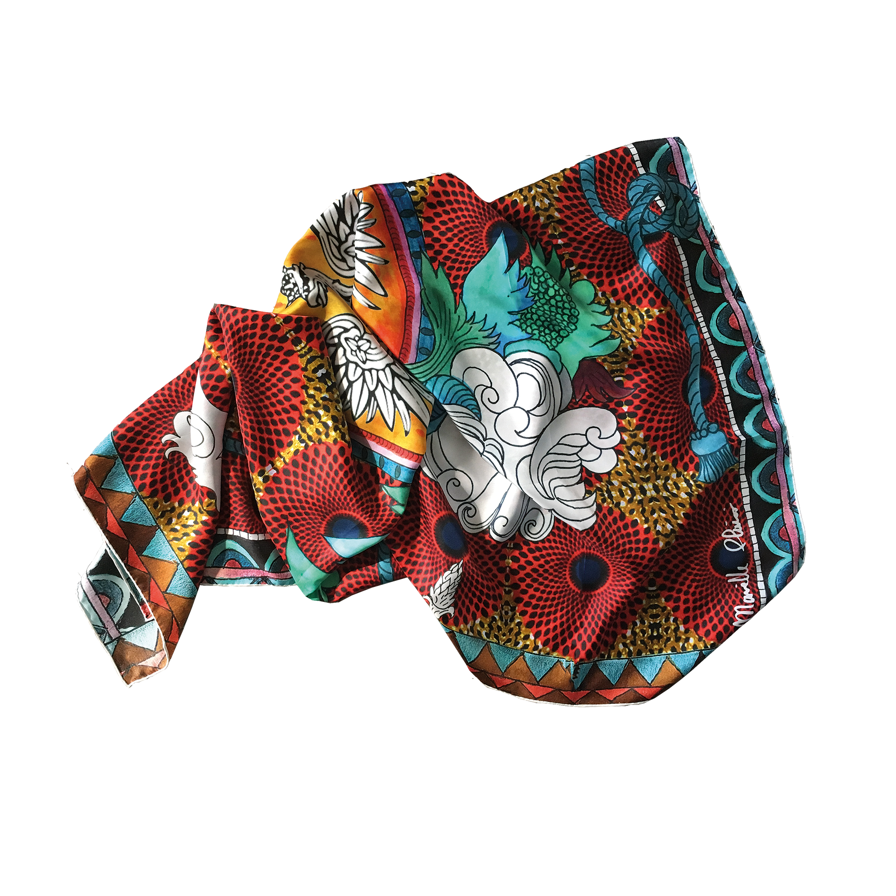 Red 100% silk scarf printed with an eagle in the center as part of the Unique collection