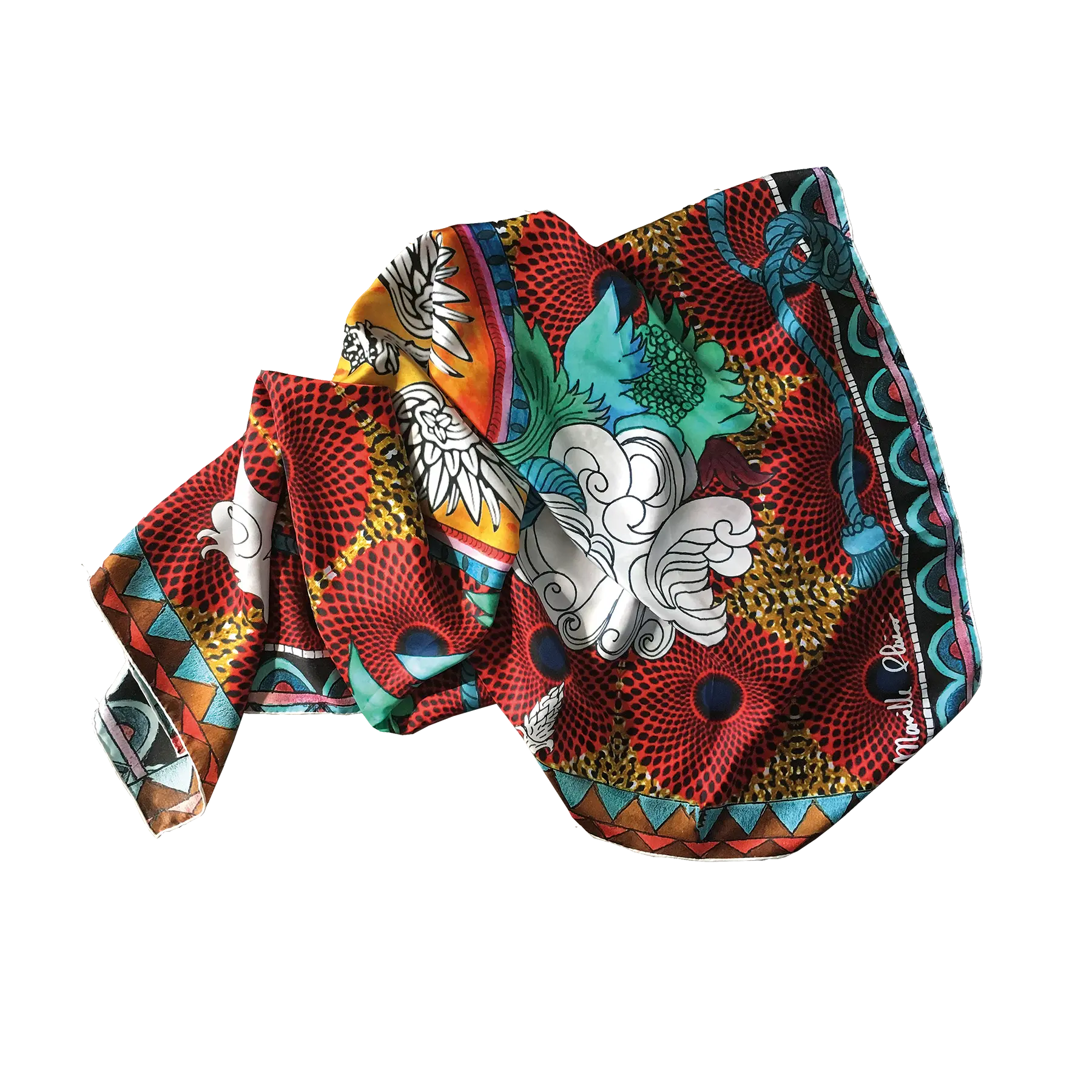 Red 100% silk scarf printed with an eagle in the center as part of the Unique collection