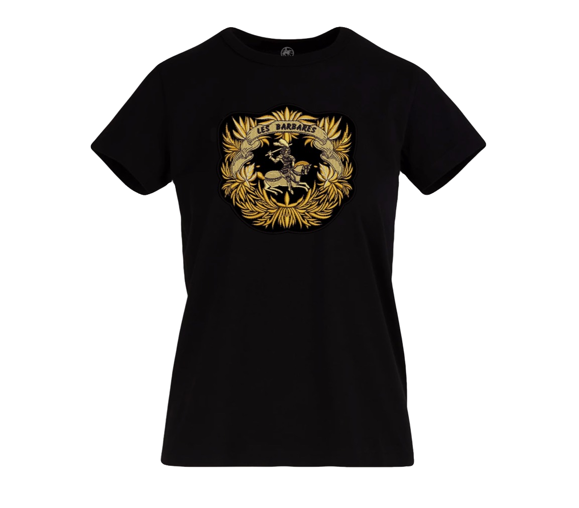 Elegant black 100% cotton t-shirt with gold patch embroidery of the Les Barbares logo consisting of a gold wreath with an amazon on a horse with a sword above her head