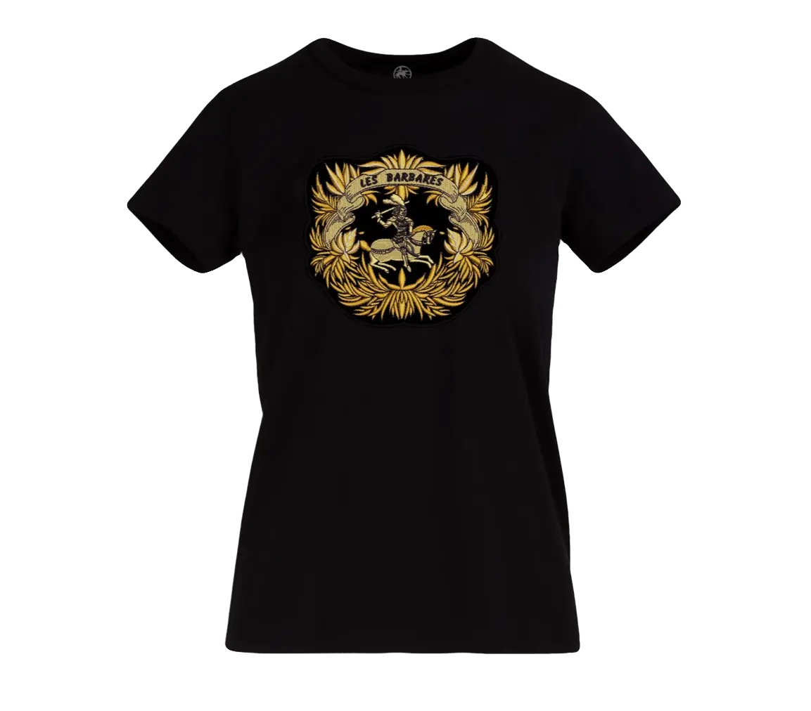 Elegant black 100% cotton t-shirt with gold patch embroidery of the Les Barbares logo consisting of a gold wreath with an amazon on a horse with a sword above her head