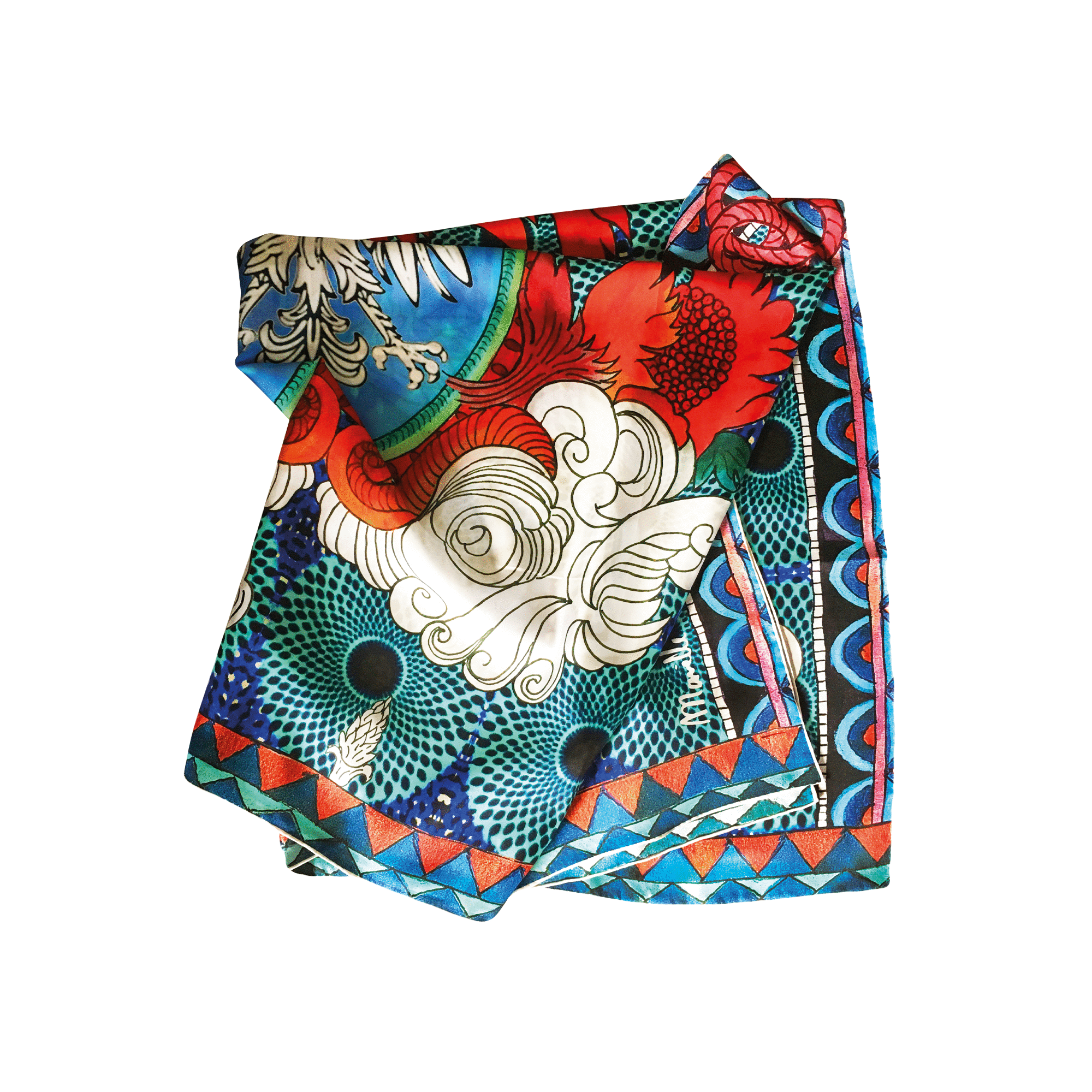 Folded Blue 100% silk scarf with red and pinks and a black and white eagle in the center.