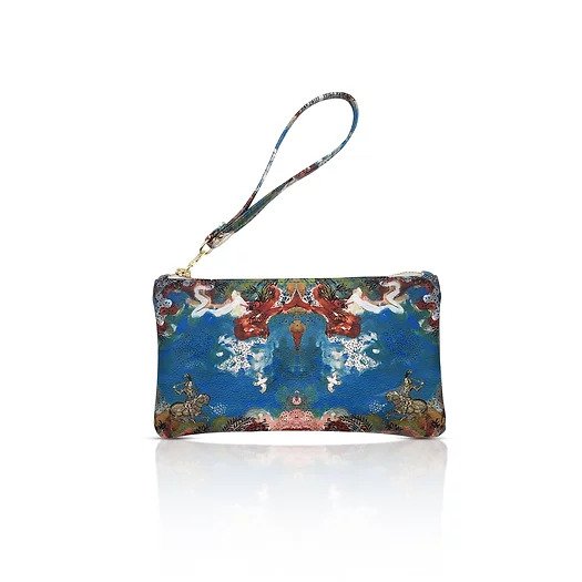 Genuine blue leather printed clutch for carrying mobile phones, make up with detachable handle