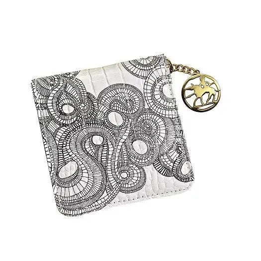 Black and white glossy croc effect printed leather wallet. Gold zinc medallion zipper