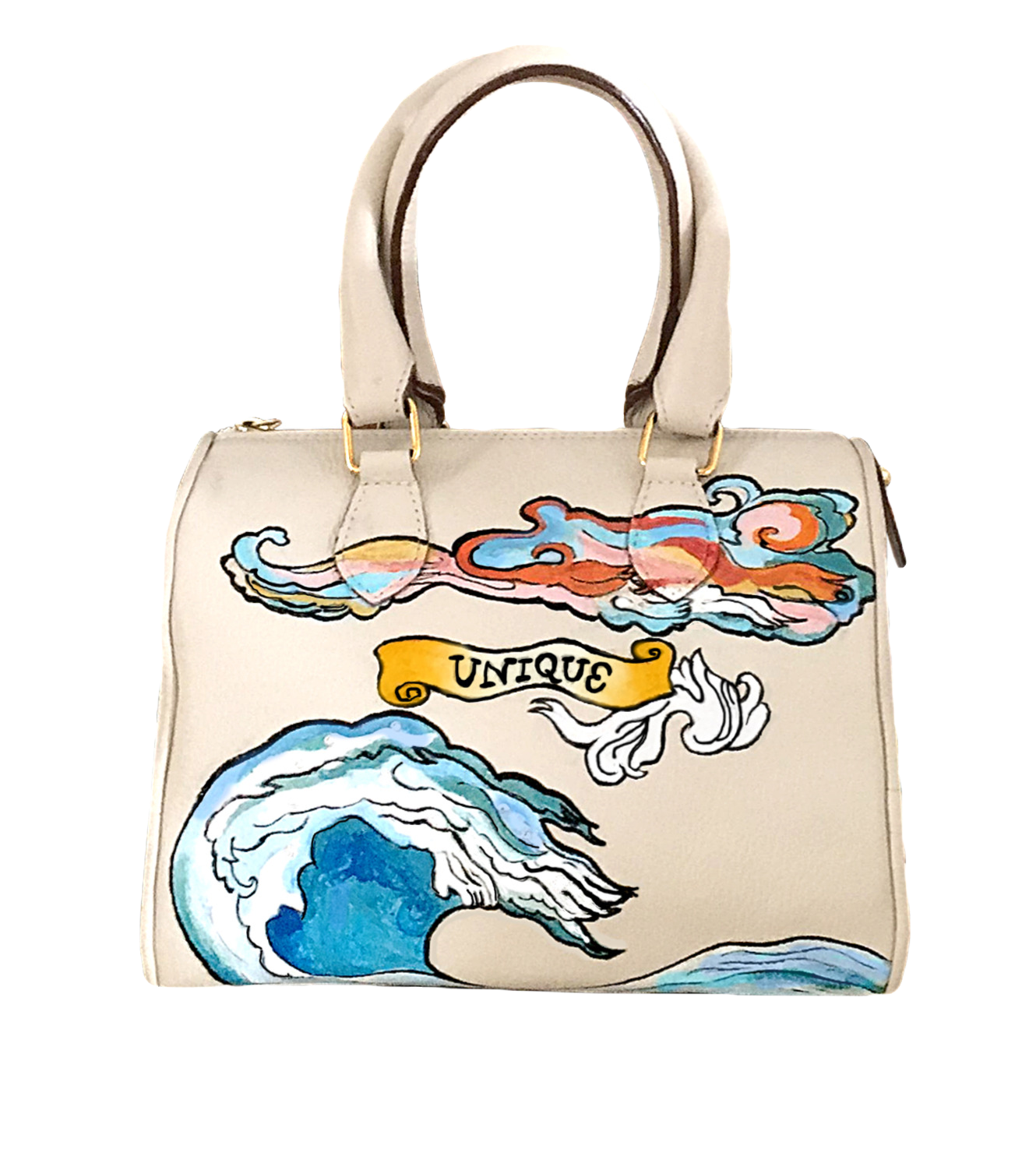Beige soft Italian leather mini handbag, with hand painted designs in blue, gold and white  by artist Marielle Plaisir.