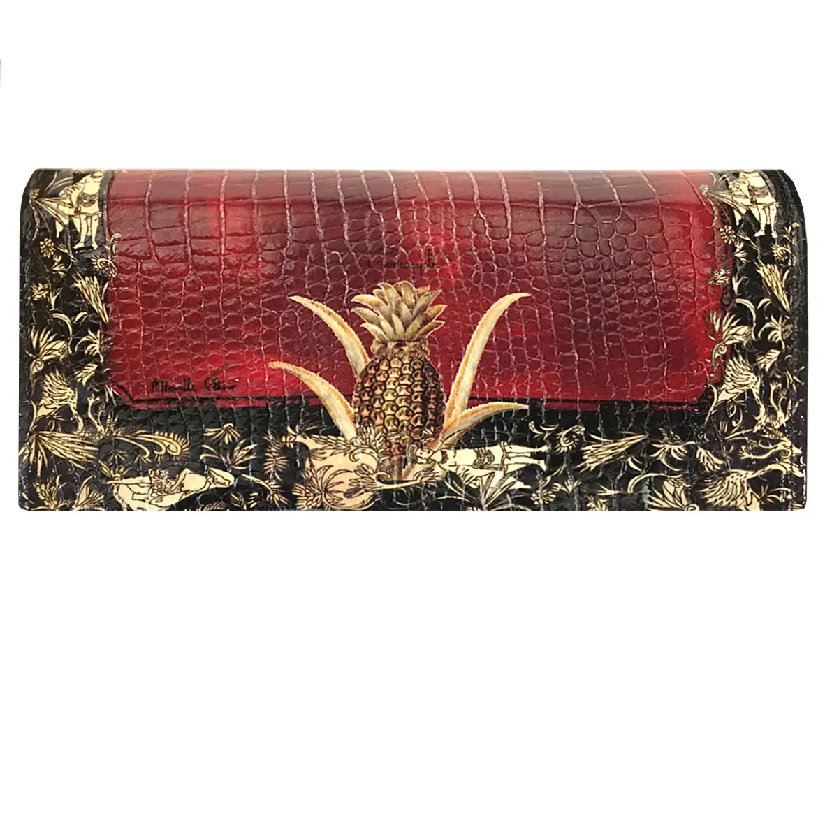 Genuine black, red and gold glossy croc effect leather clutch bag. showing the image of a golden pineapple on the reverse side