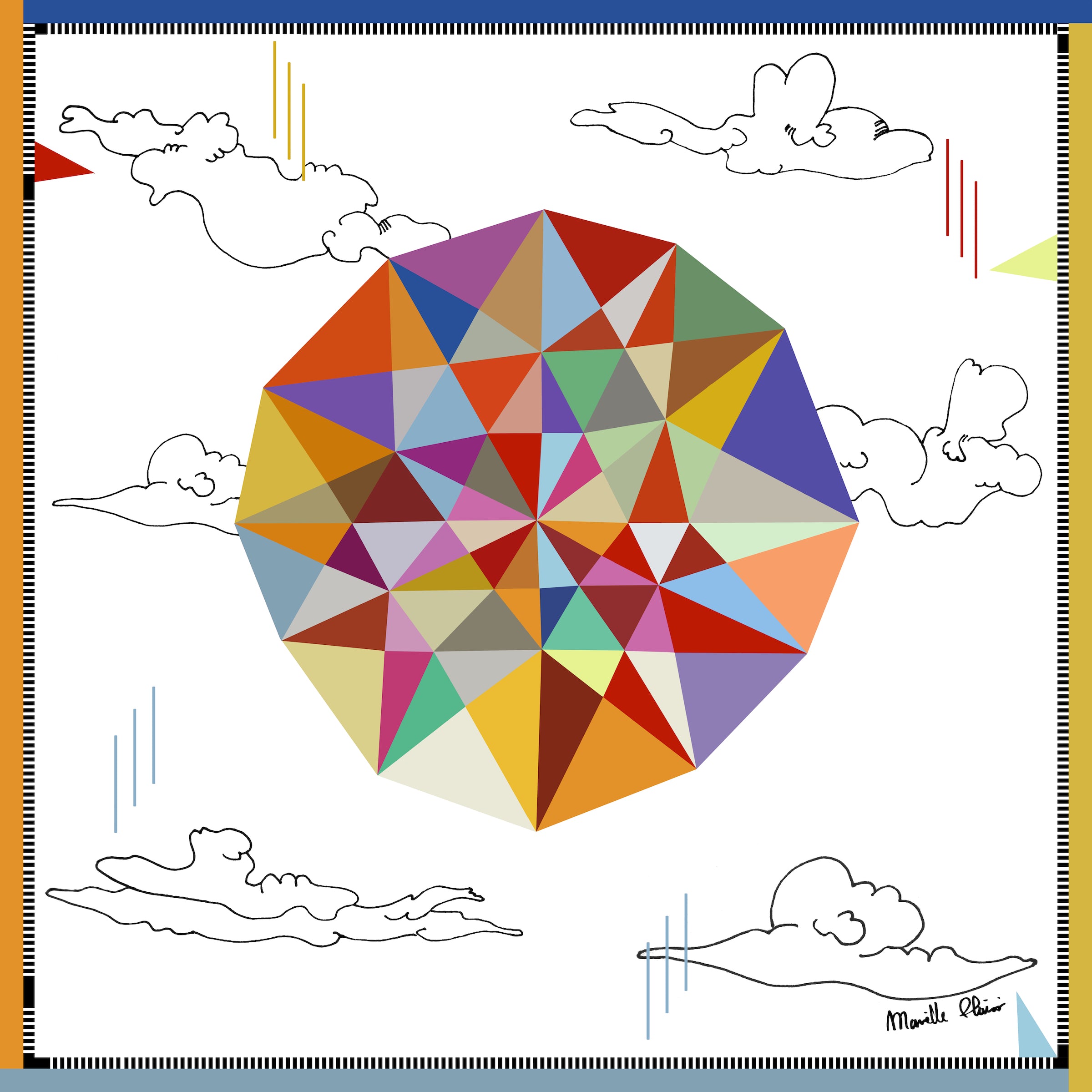100% silk scarf with an explosion of symmetrical colors in the middle on a white cloud background. Based on paintings and drawings by the artist Marielle Plaisir.