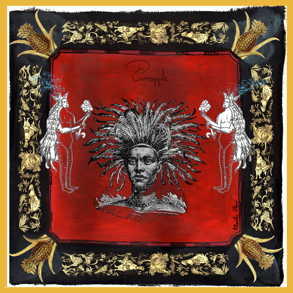 Black, red and gold 100% twill silk scarf, hand-rolled edge with an image of an indigenous warrior woman in the middle on a red background and in the 4 corners golden pineapples