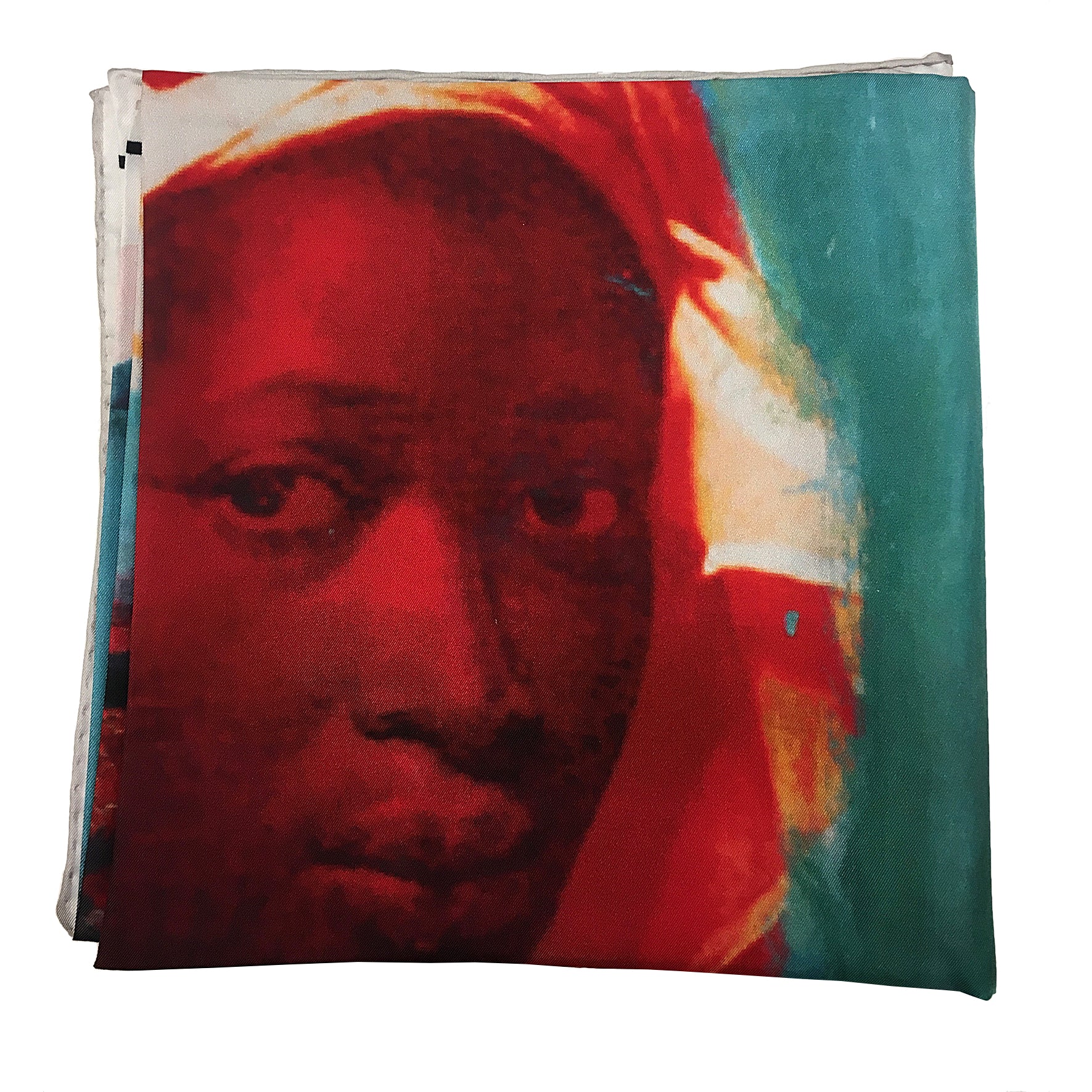 Close up of the printed image on 100% silk scarf of the beautiful face of the queen.