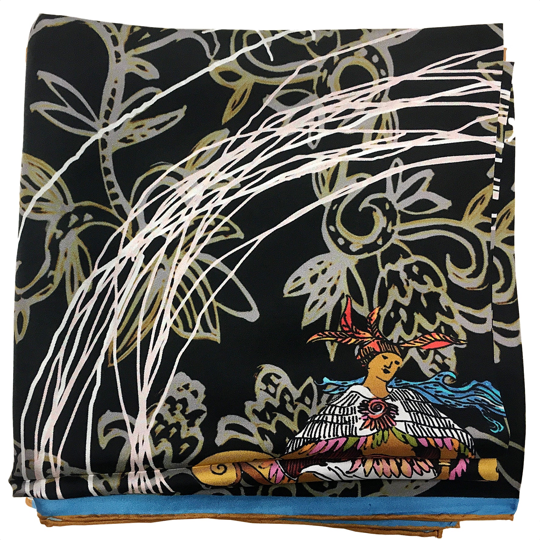 Folded 100 % silk scarf showing a closer image of the details of the scarf