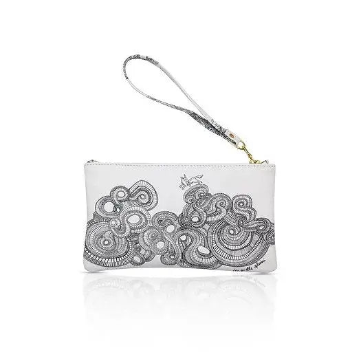 Black and white printed leather pouch with zipper along the top and detachable leather handle